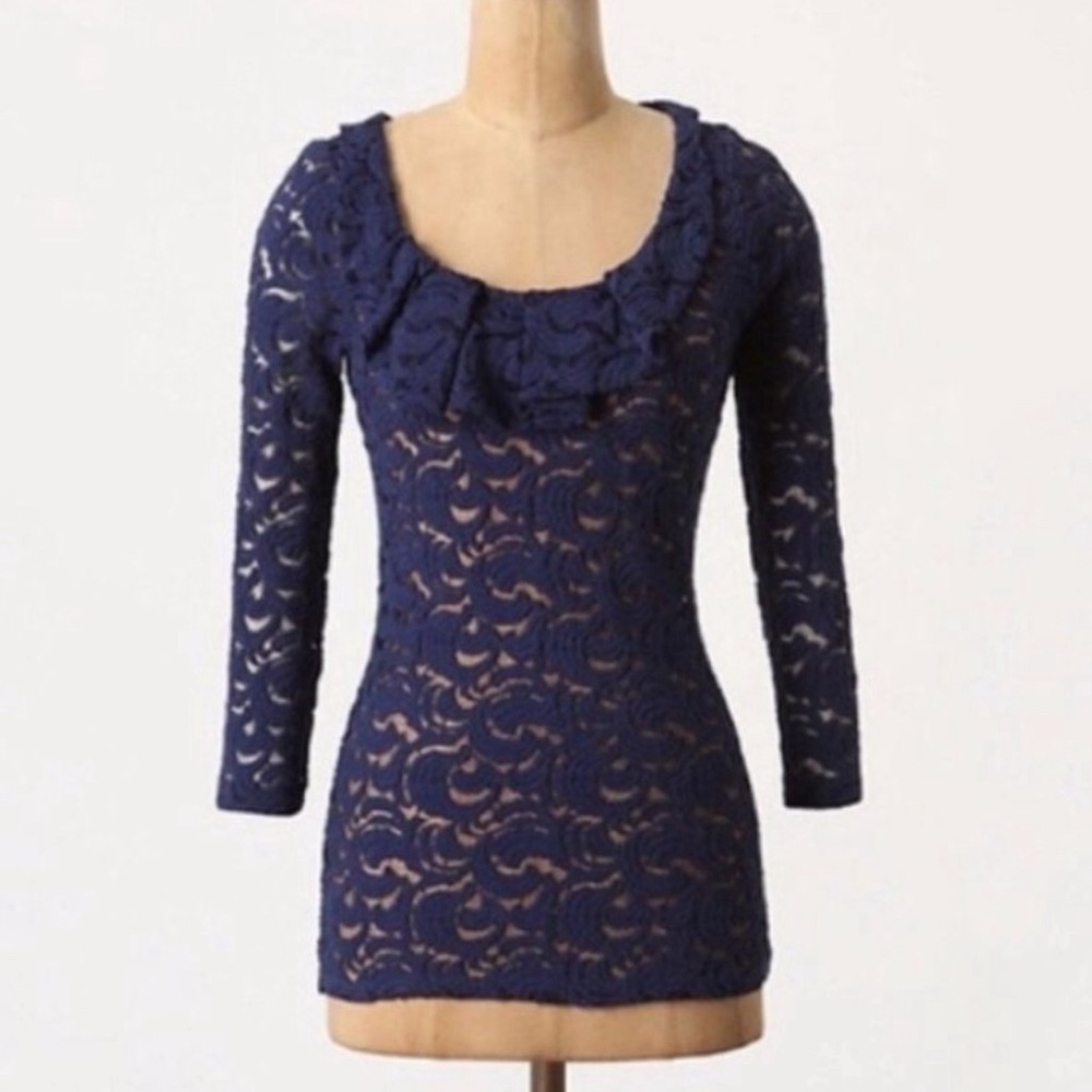 Anthropologie Postmark | Sessile Harvest Lace Top Ruffle Blue Size XS - Picture 2 of 7